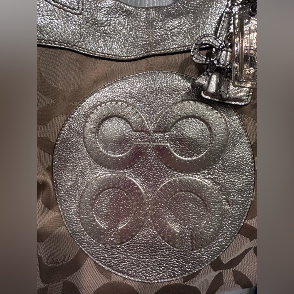 Coach Metallic Gold Hue and Tan Monogram Tote - Picture 2 of 15
